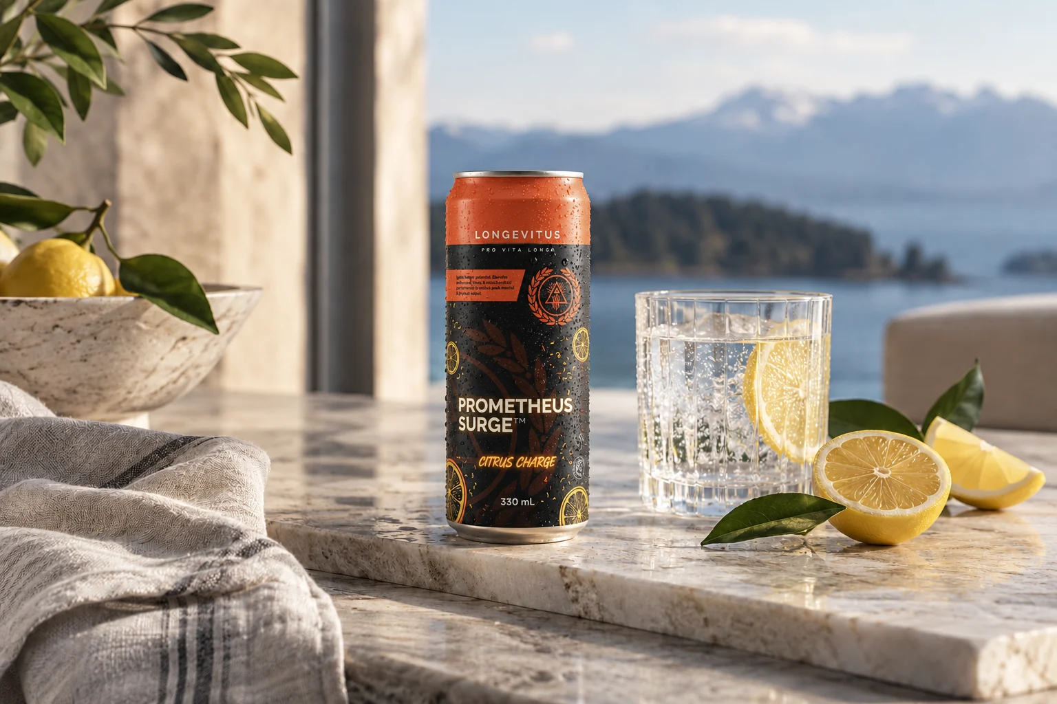 Prometheus Surge Citrus Charge can concept beside water and citrus