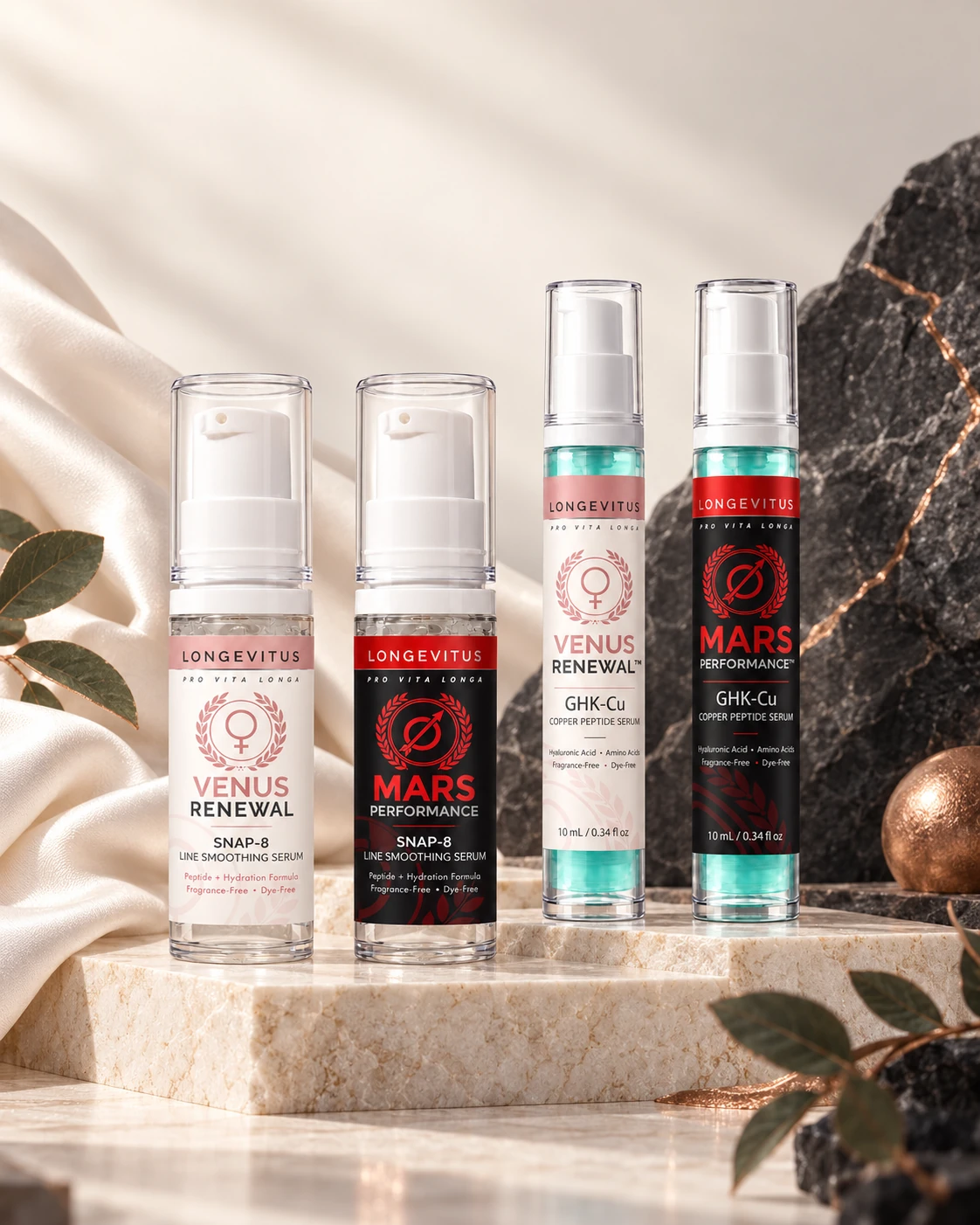 Venus and Mars SNAP-8 and GHK-Cu serum bottles on a stone shelf in original Longevitus illustrative artwork