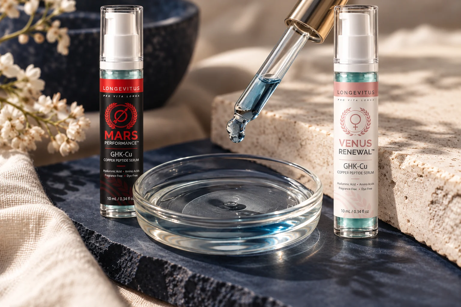 Mars and Venus GHK-Cu serum bottles in a stone-and-glass still life