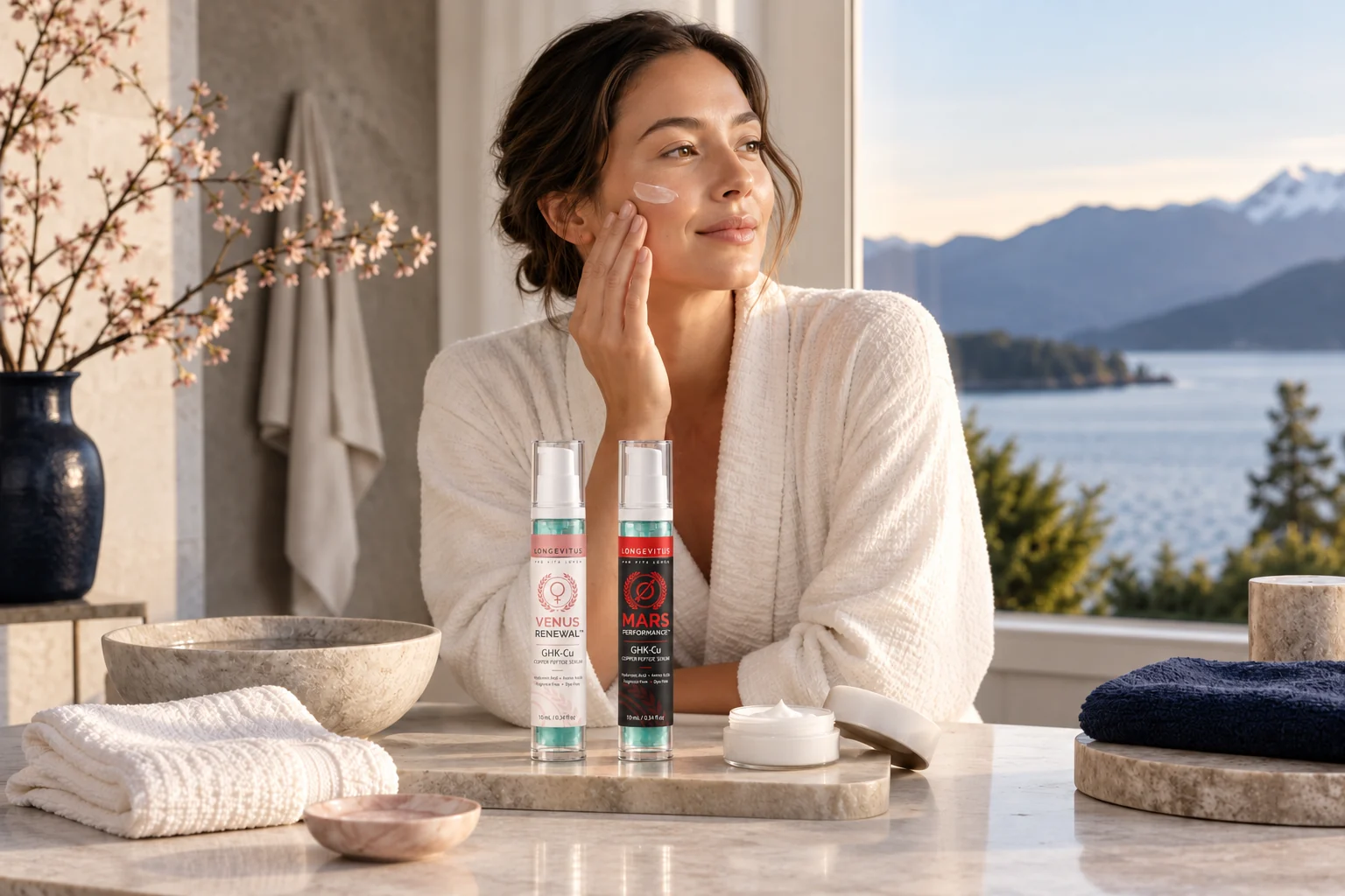 Venus and Mars GHK-Cu bottles in a simple skincare routine