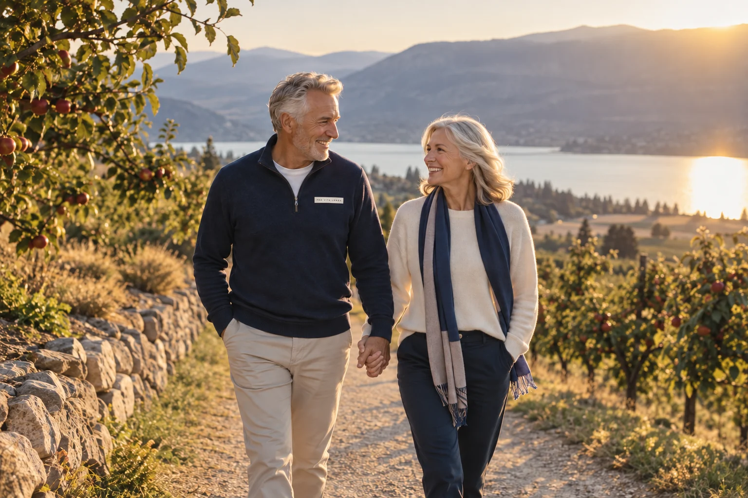 An active couple in an orchard with subtle Longevitus branding; illustrative brand artwork