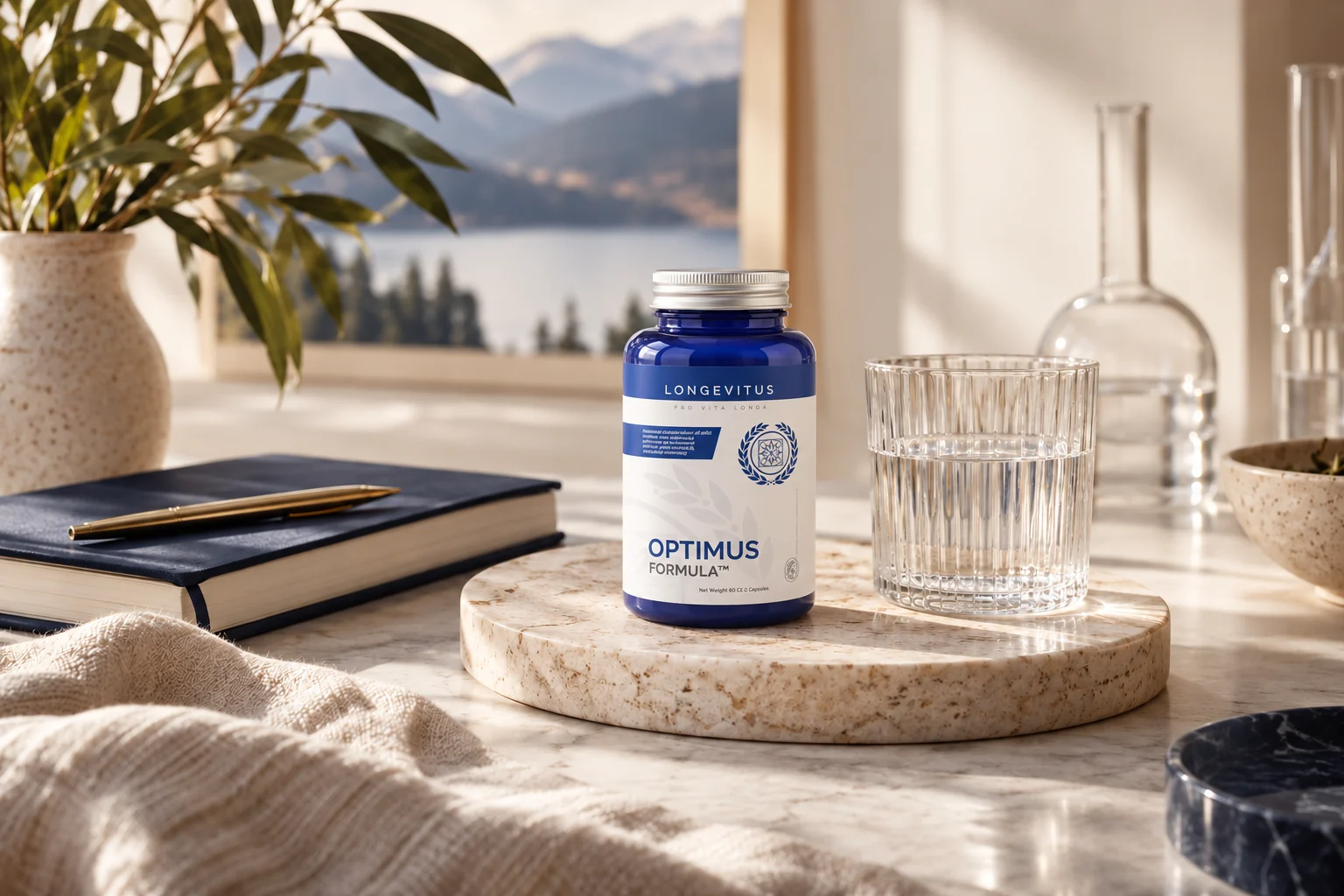 Optimus concept packaging beside a notebook and water glass
