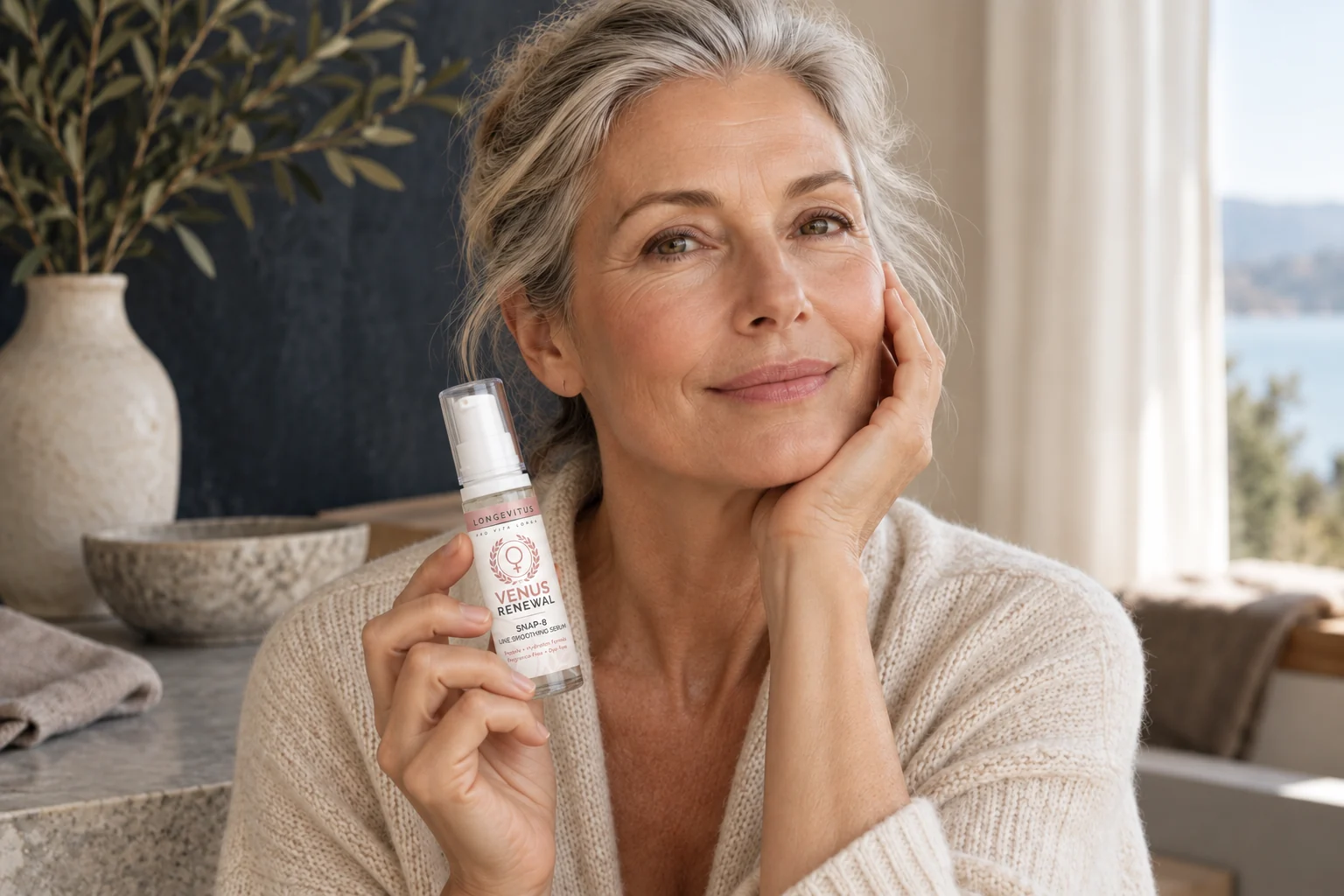 Illustrative skincare portrait with a Venus SNAP-8 bottle and natural skin texture
