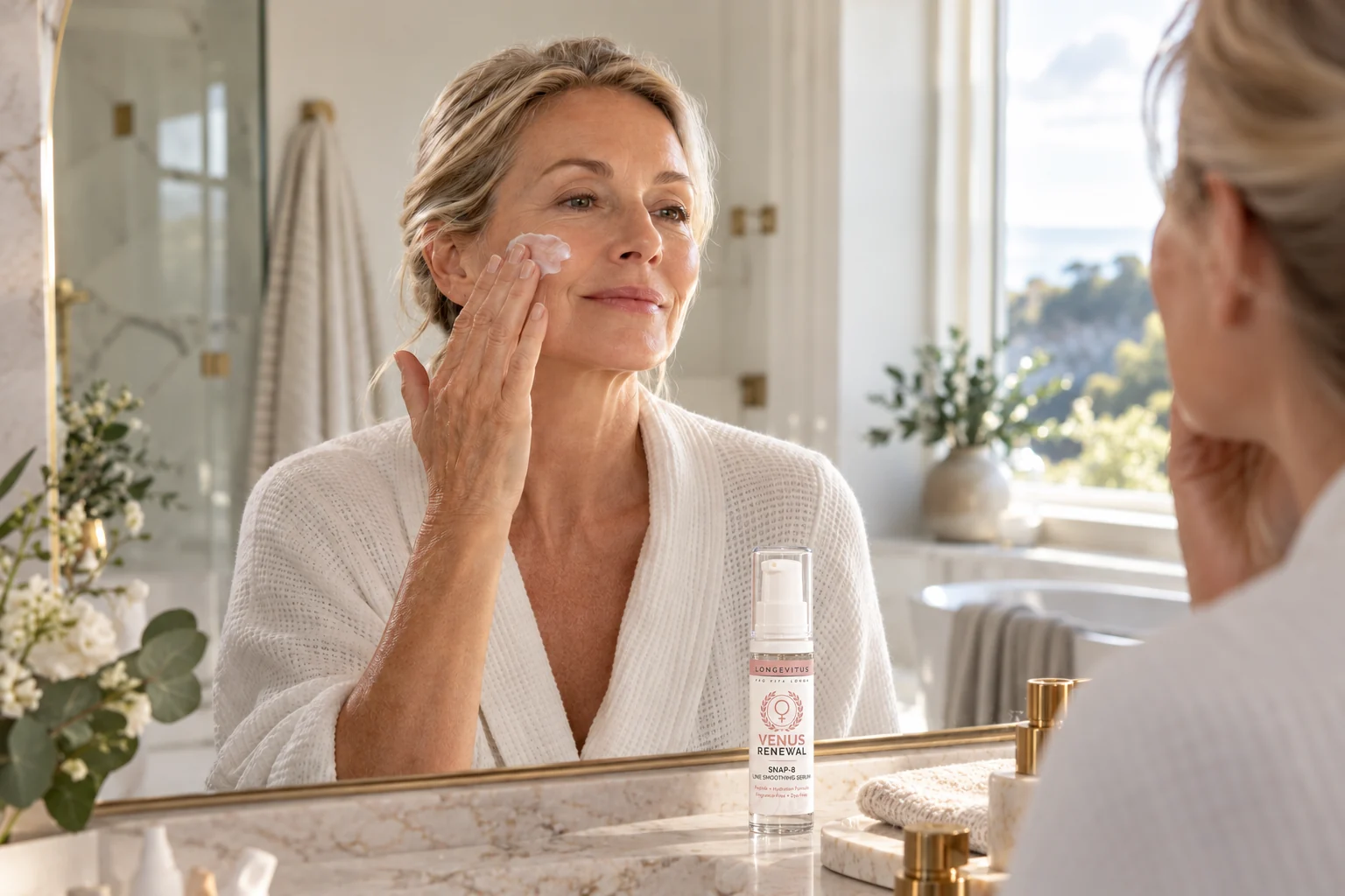 Everyday skincare with a Venus SNAP-8 bottle shown separately from sunscreen