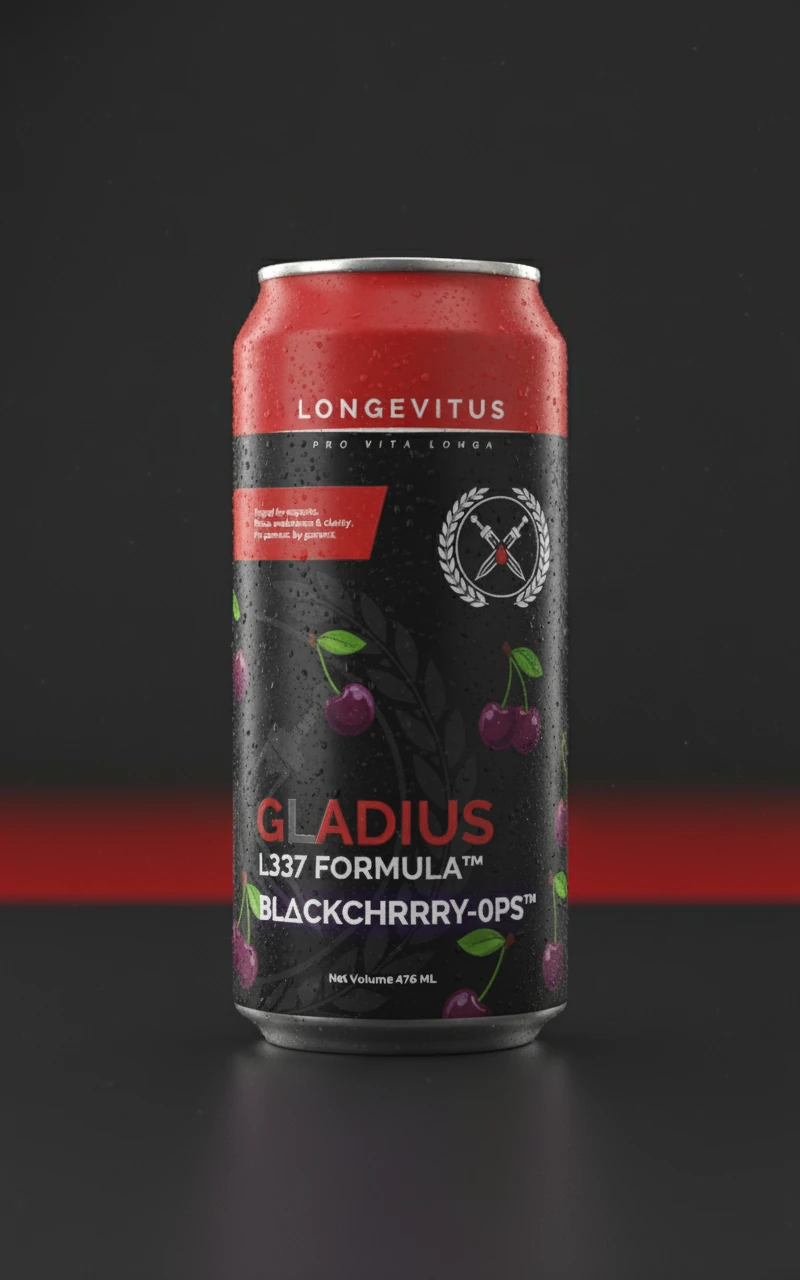 Front of the black and red Gladius Black Cherry Ops can concept with cherry artwork