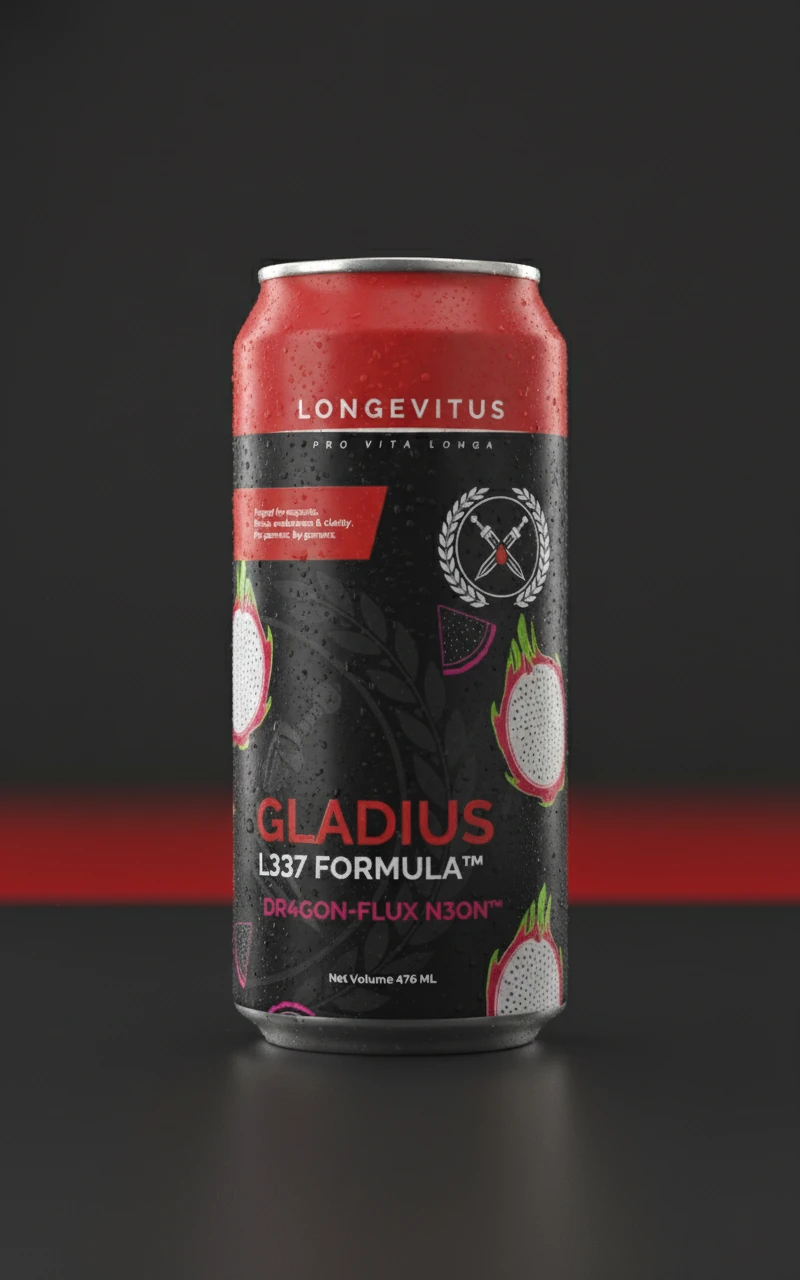 Front of the black and red Gladius Dragon Flux Neon can concept with dragonfruit artwork
