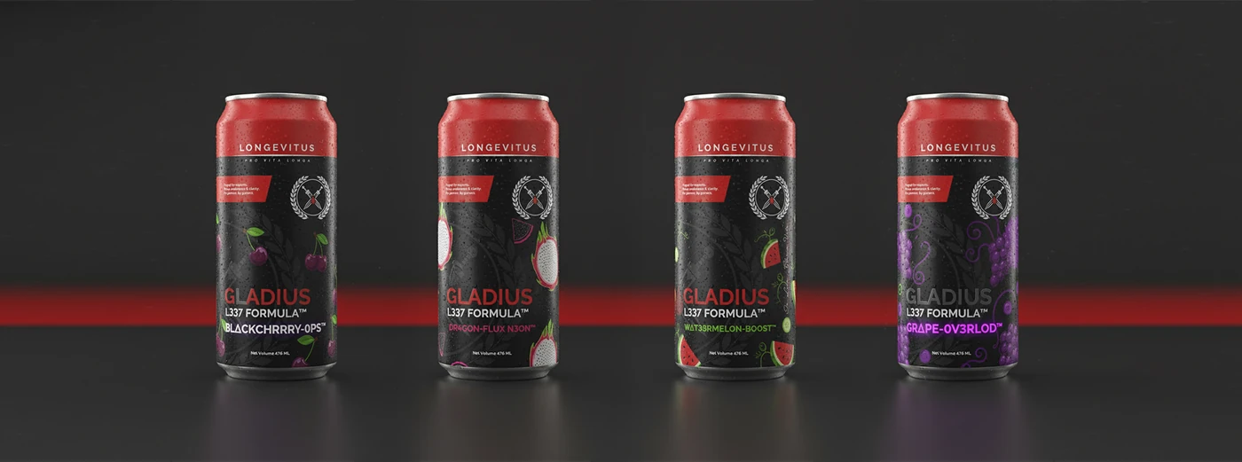 Four Gladius L337 energy drink can concepts in black cherry, dragonfruit, watermelon and grape designs against a charcoal and red background