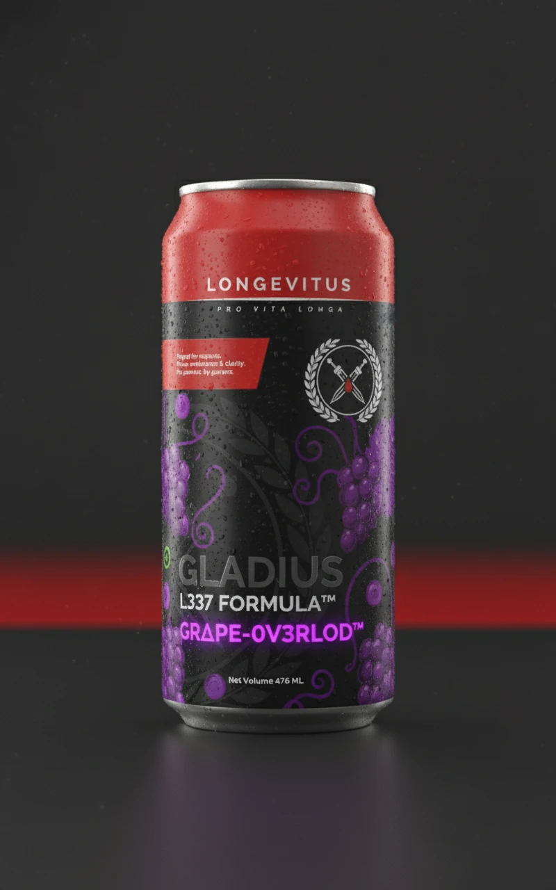 Front of the black and red Gladius Grape Overload can concept with purple grape artwork