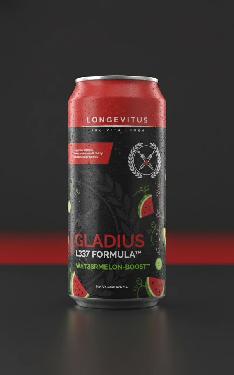 Front of the black and red Gladius Watermelon Boost can concept with watermelon artwork