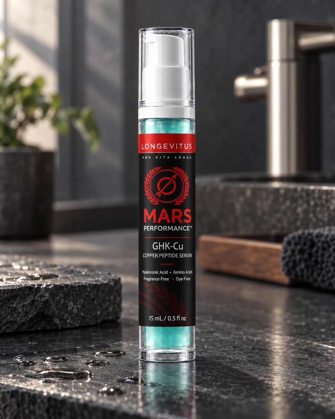 15 mL Mars GHK-Cu pump bottle on dark stone in soft window daylight
