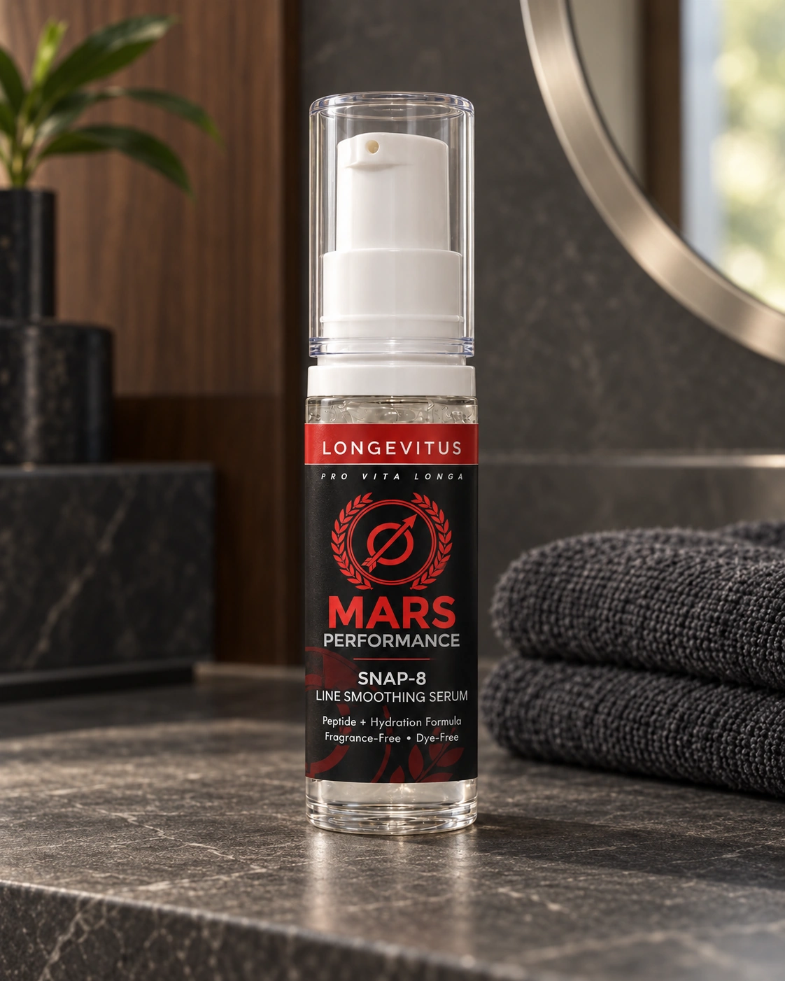 Mars SNAP-8 pump bottle beside charcoal linen and warm stone