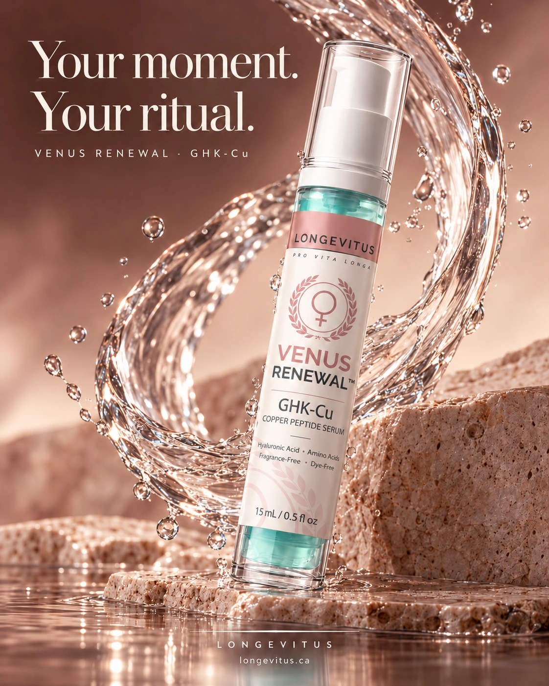 Venus GHK-Cu bottle framed by water on champagne stone