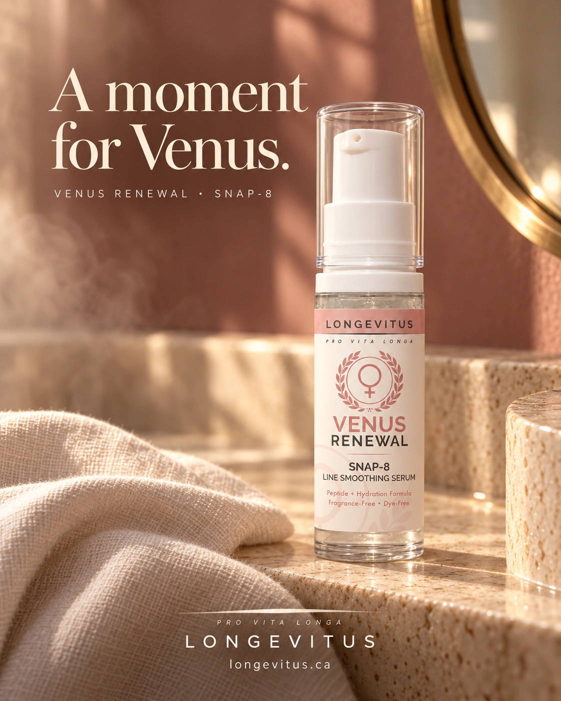 Venus SNAP-8 bottle on warm limestone beside cream linen and a brass mirror