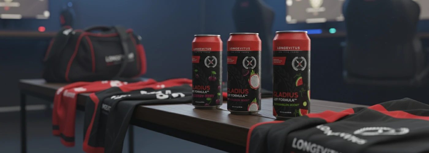 Collection concept: Gladius cans and gaming gear; 5-M1N SH0T packaging is not shown