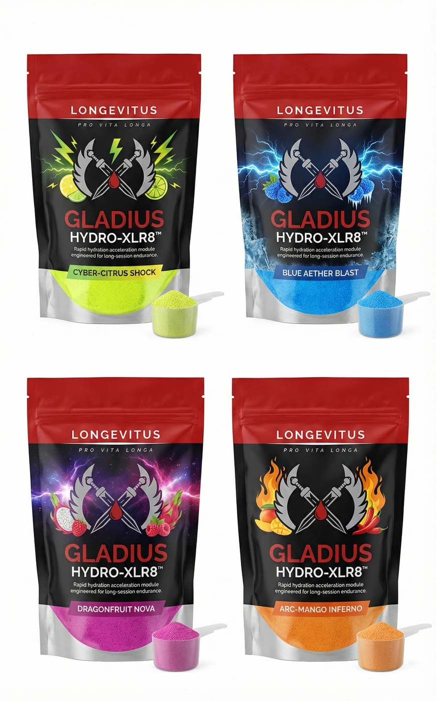 Four front-pack GLADIUS HYDR0-XLR8 electrolyte drink-mix pouch concepts