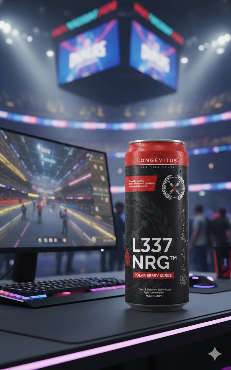 Front-pack GLADIUS L337 NRG canned-drink concept at a gaming desk