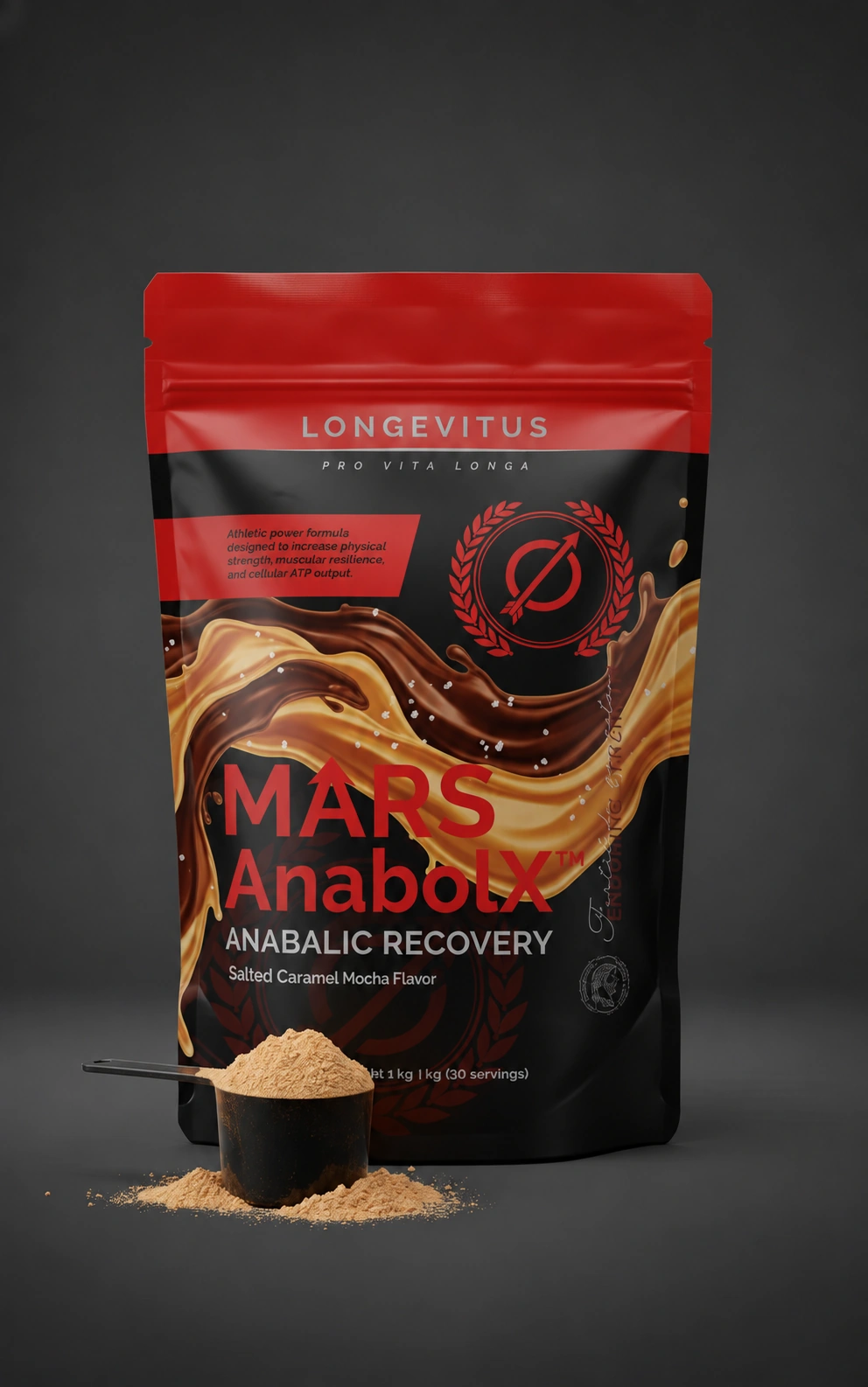 Front-pack Mars AnabolX protein-powder pouch concept with a scoop