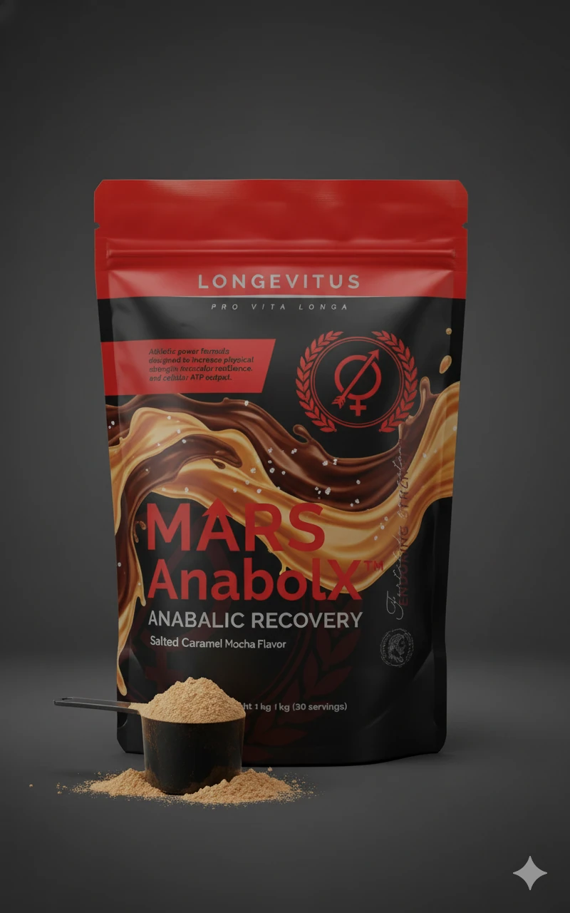 Front-pack Mars AnabolX protein-powder pouch concept with a scoop