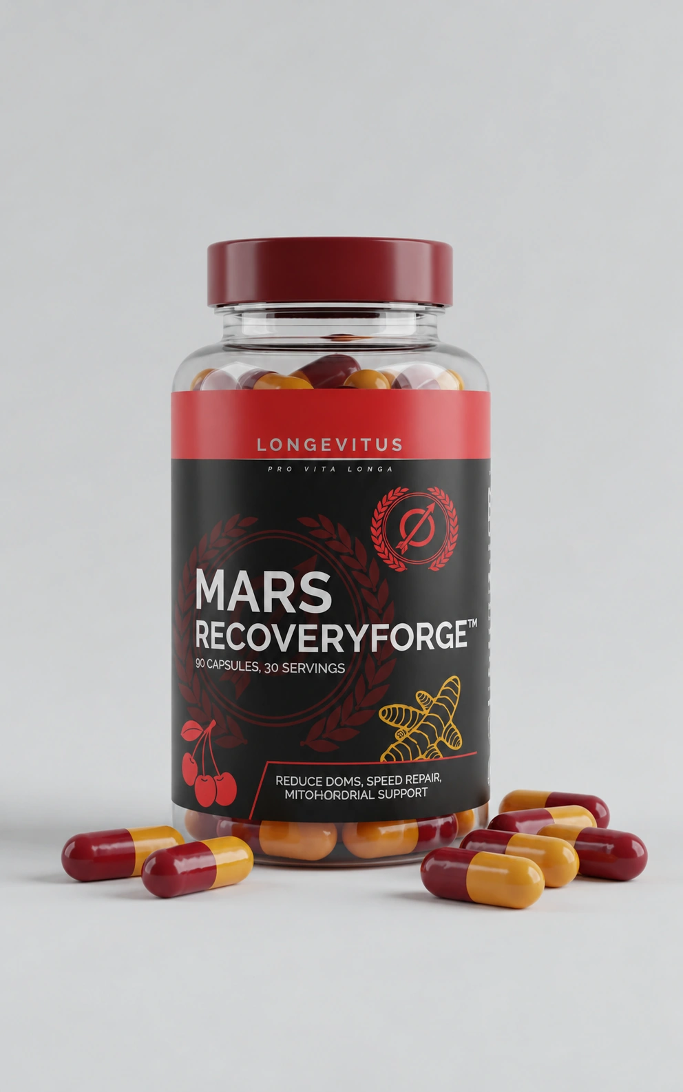 Front-pack Mars RecoveryForge capsule-bottle concept with capsules beside it