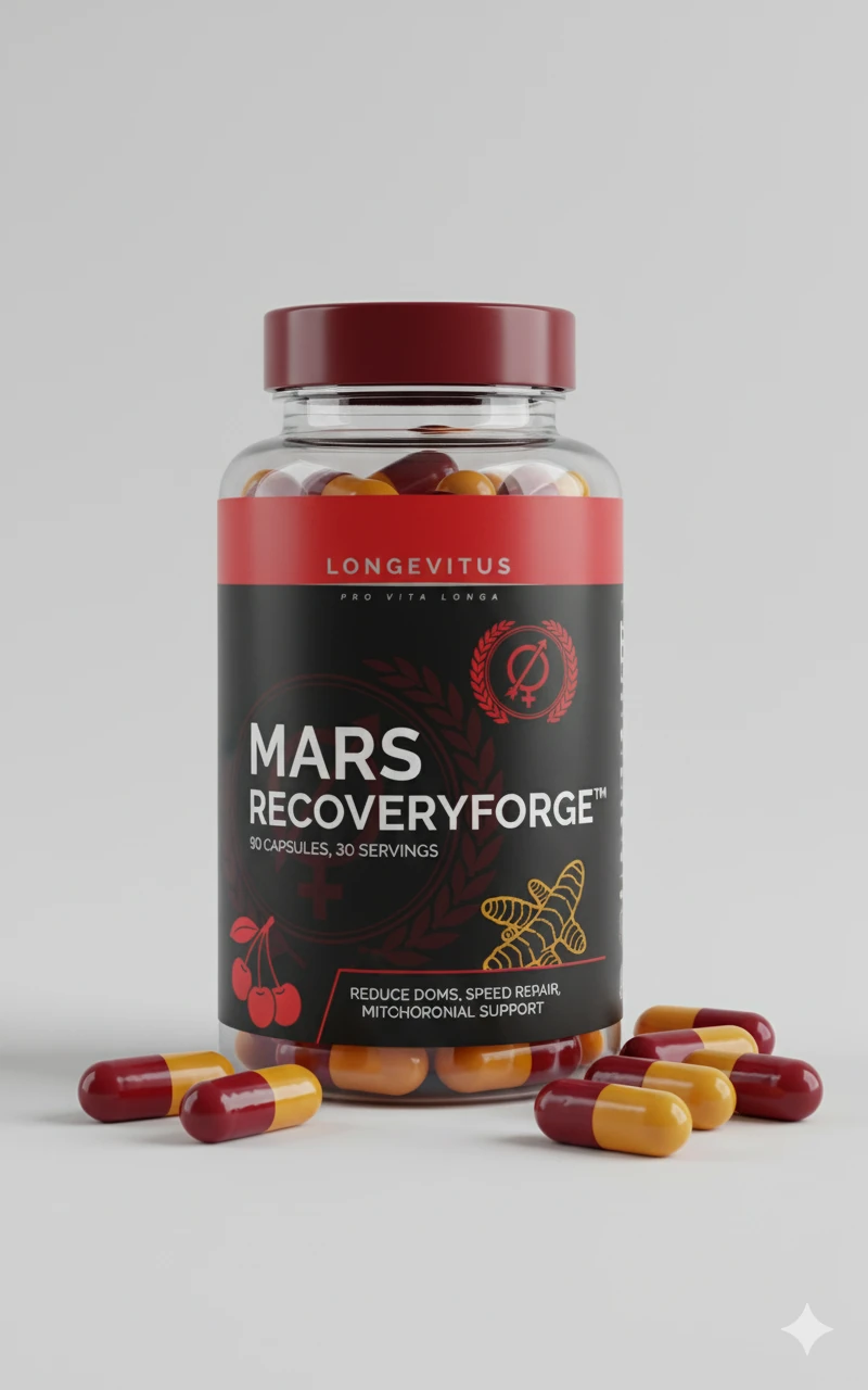 Front-pack Mars RecoveryForge capsule-bottle concept with capsules beside it