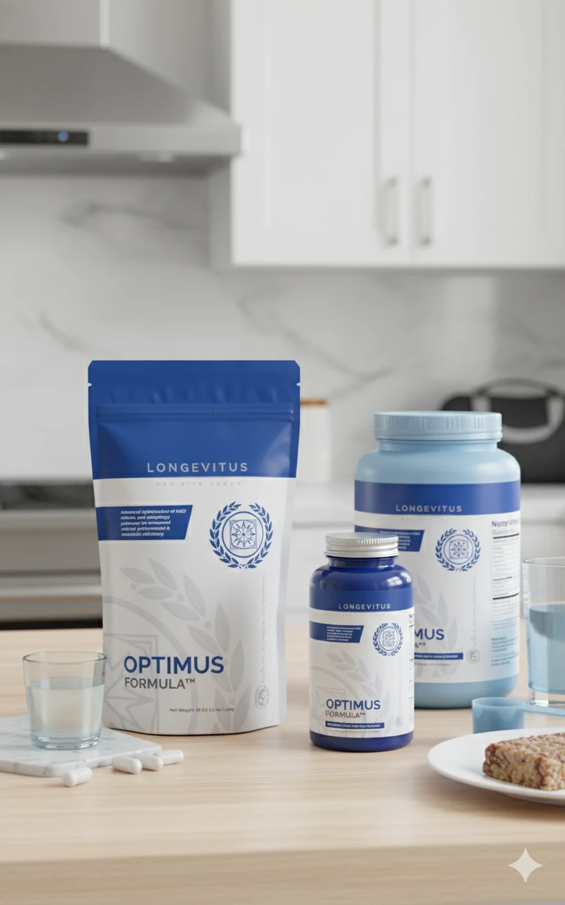 White and blue Optimus packaging arranged on a light kitchen counter