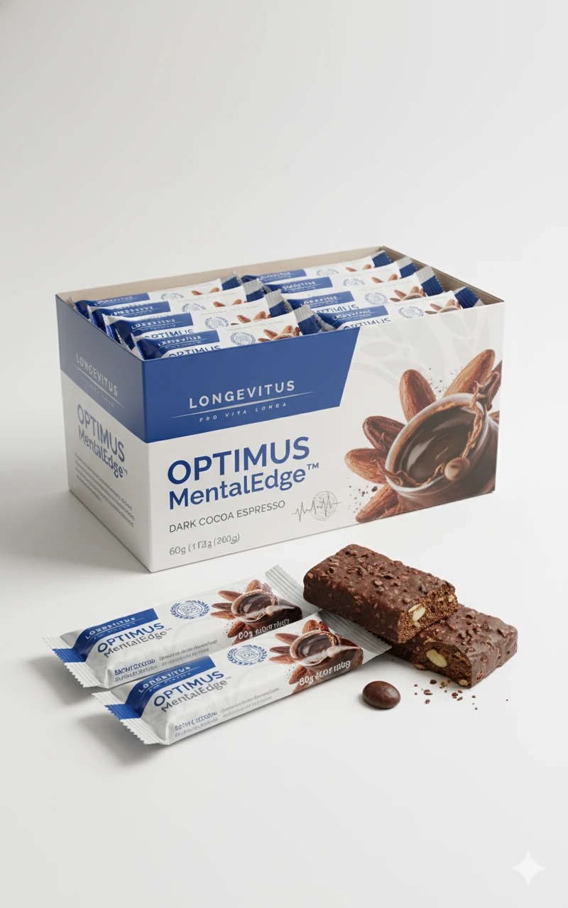 Optimus MentalEdge display box with wrapped and unwrapped chocolate-coloured bars