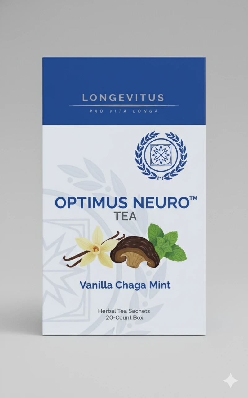 Optimus Neuro Tea carton with a blue header and botanical illustration