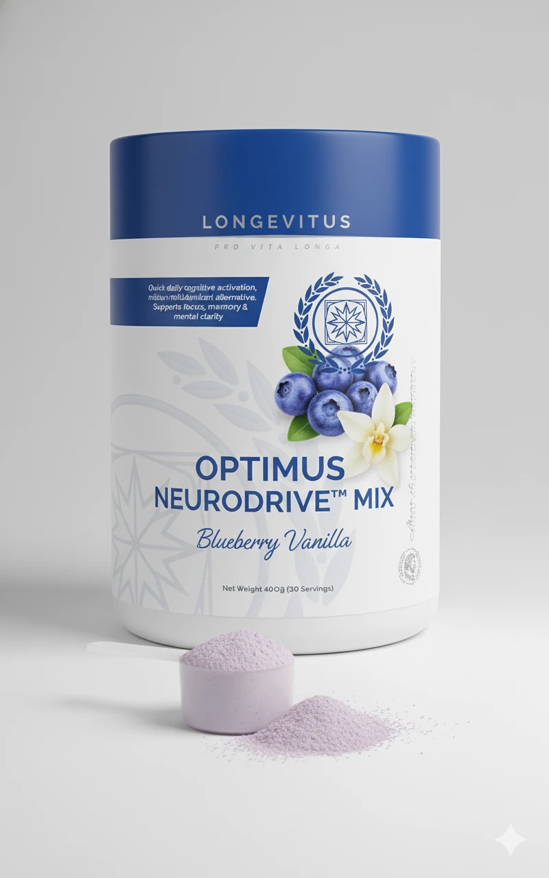 Optimus NeuroDrive Mix tub with a blue lid and a scoop of purple powder
