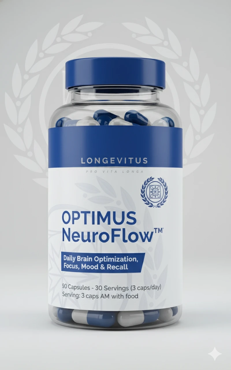 Optimus NeuroFlow capsule bottle with its blue and white front label