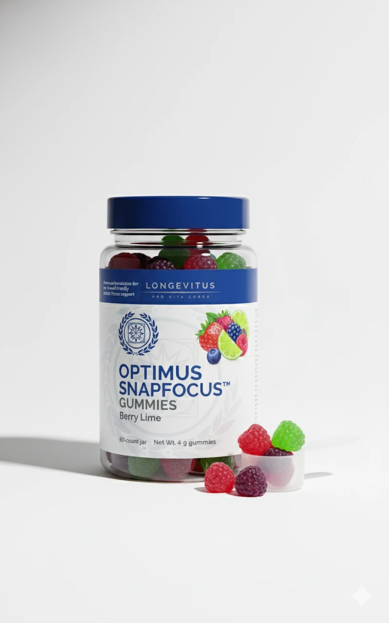Optimus SnapFocus Gummies jar with colourful gummies beside it