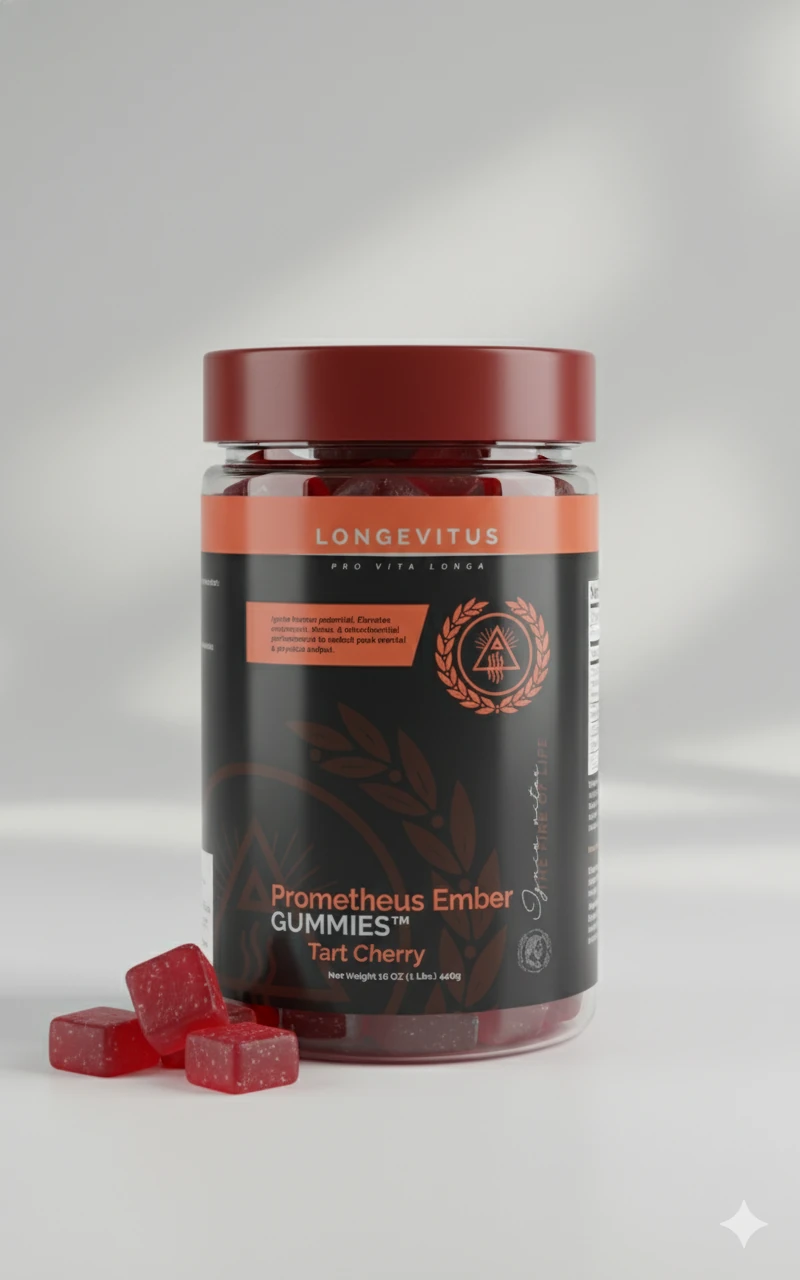 Prometheus Ember Gummies jar with red gummies beside it