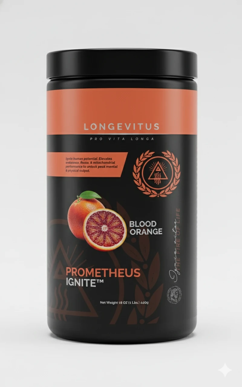 Prometheus Ignite powder tub with a black and orange front label