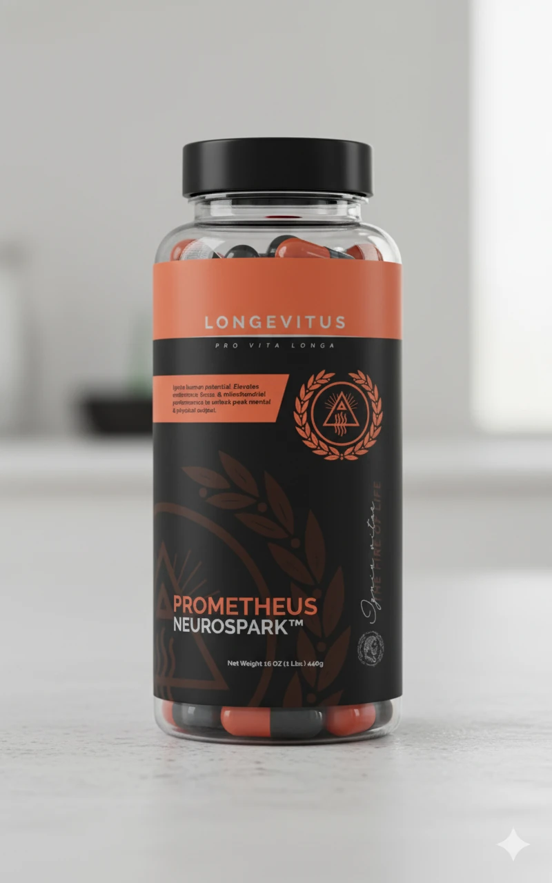 Prometheus NeuroSpark capsule bottle with its orange and black front label