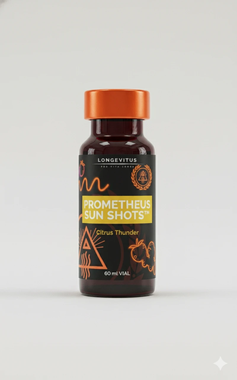 Small Prometheus Sun Shots bottle with an orange cap and citrus-coloured label