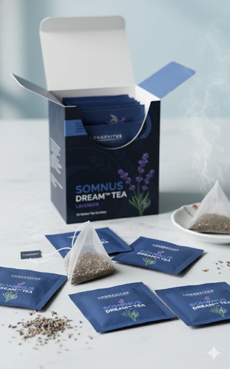 Open Somnus Dream Tea box with navy sachets and pyramid tea bags.