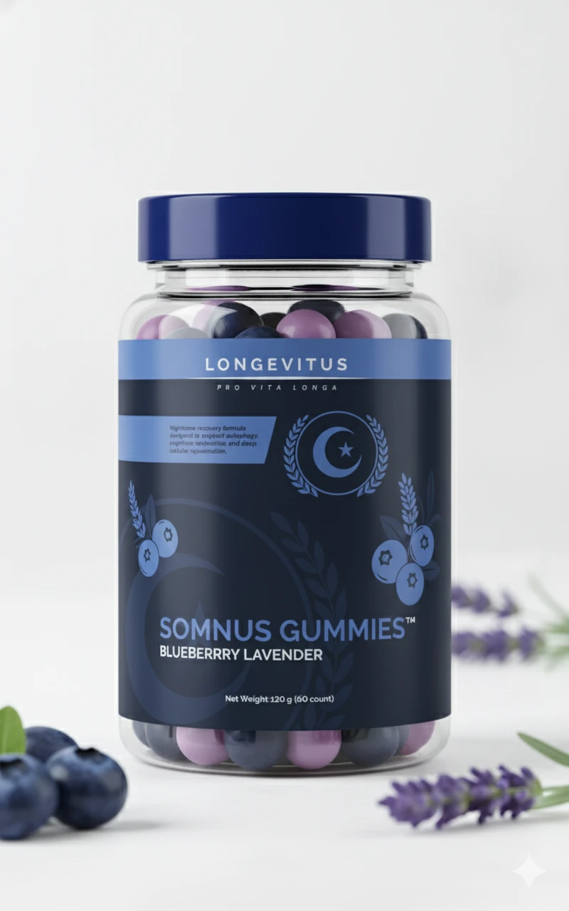 Somnus Gummies packaging concept with purple gummies, blueberries and lavender.