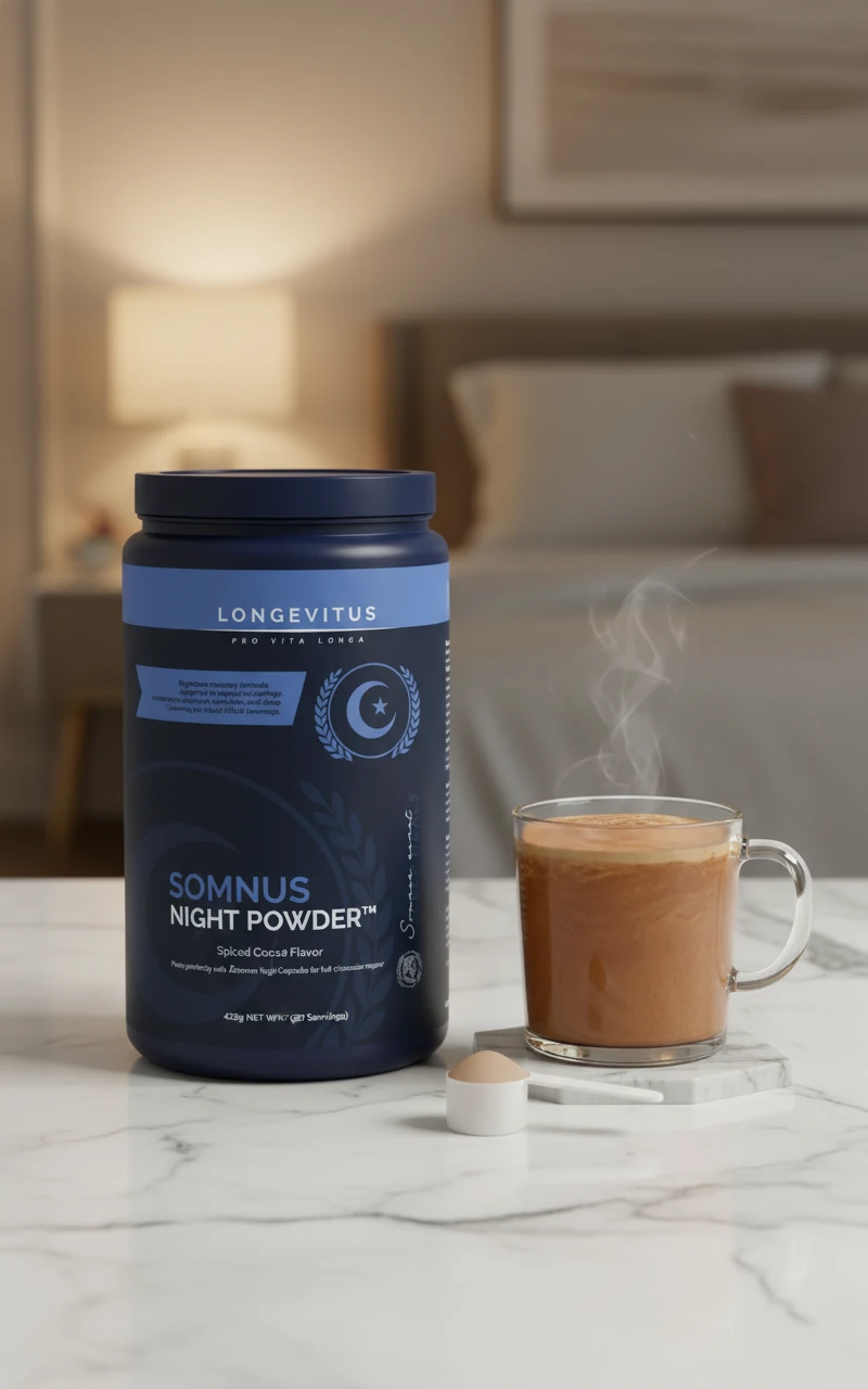 Somnus Night Powder packaging beside a warm drink in a softly lit bedroom.