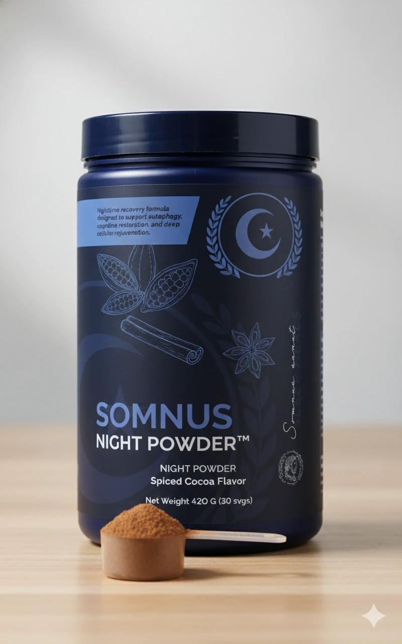 Somnus Night Powder Spiced Cocoa packaging concept with a scoop of powder.