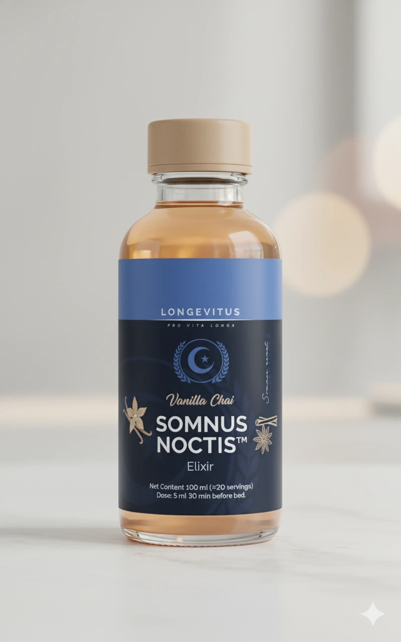 Vanilla Chai Somnus Noctis Elixir packaging concept in a glass bottle with a cream cap.