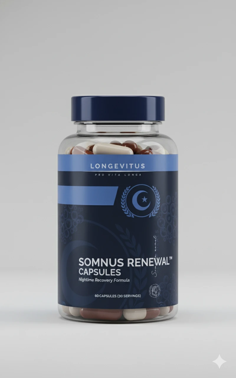 Front packaging concept for Somnus Renewal Capsules in a clear bottle with a navy cap.
