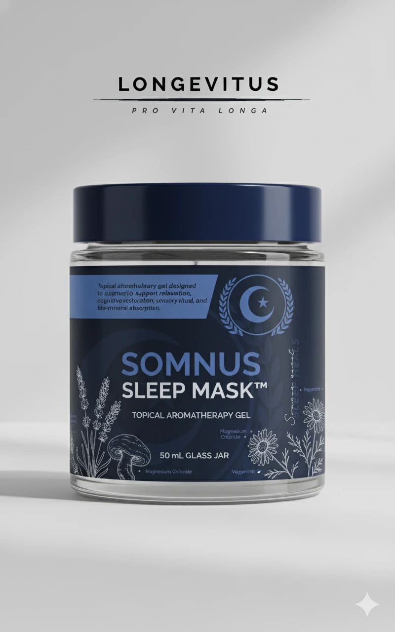 Front packaging concept for Somnus Sleep Mask topical aromatherapy gel in a navy-lidded glass jar.