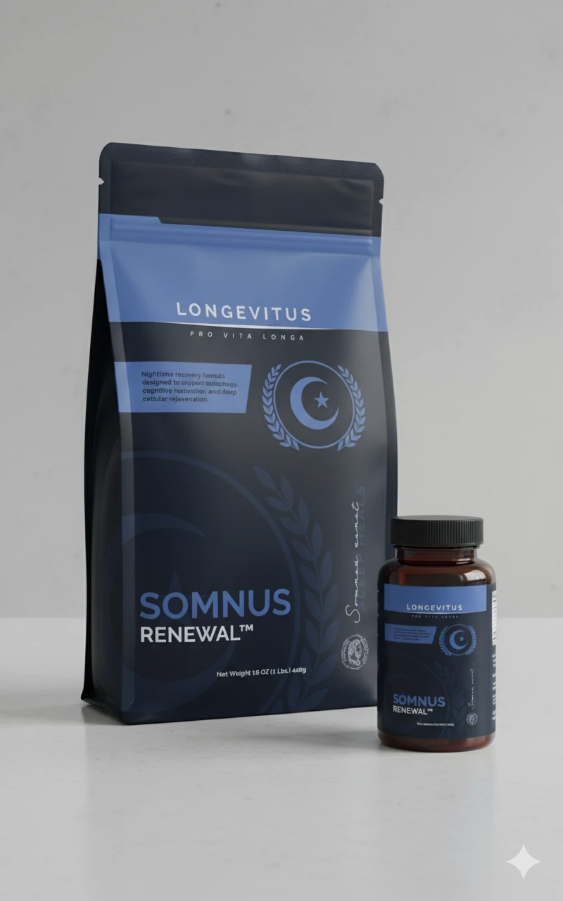 Somnus collection concept imagery showing a Renewal pouch and bottle, not final System Box packaging.