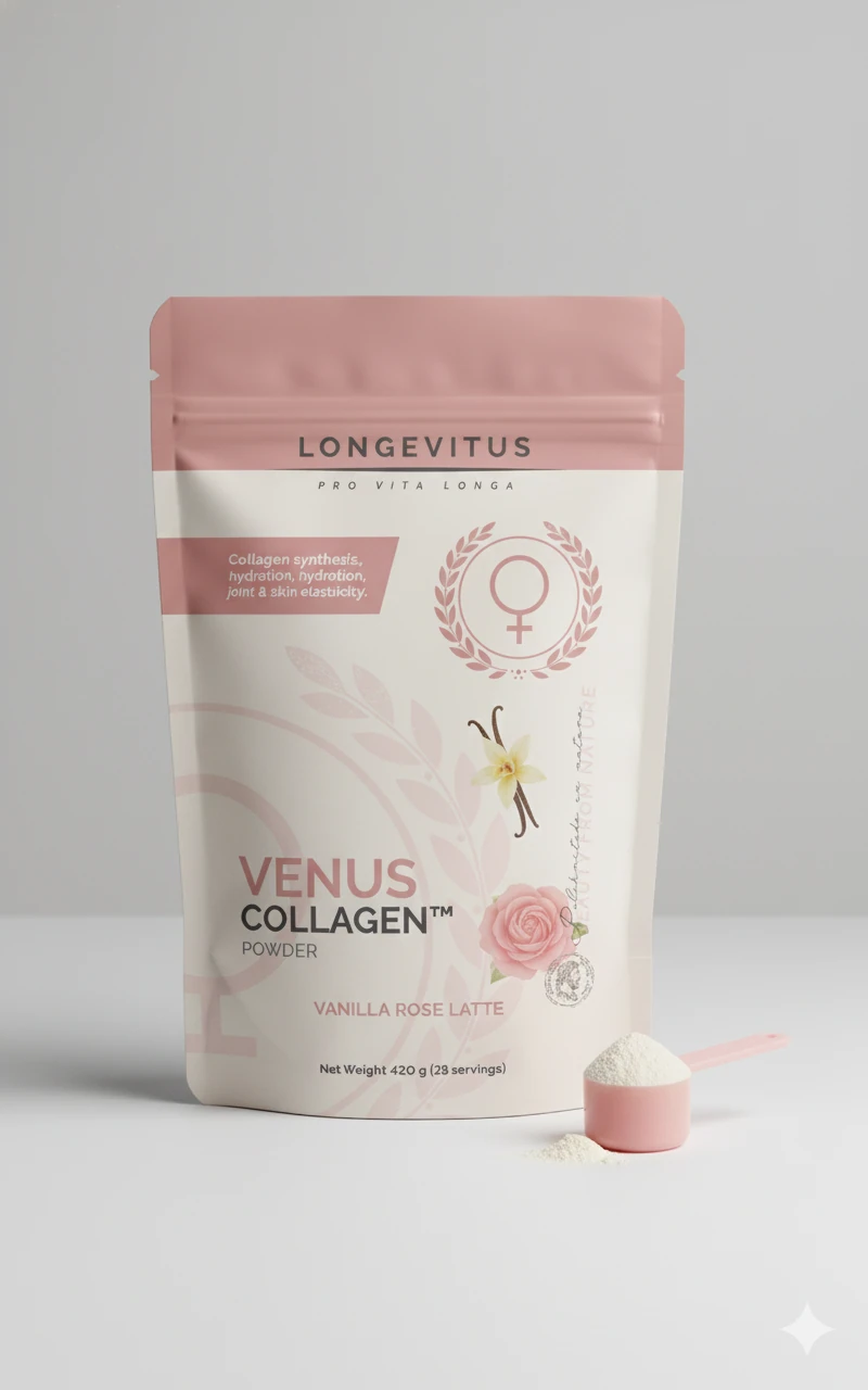 Front-pack Venus Collagen powder concept with a scoop and floral accents