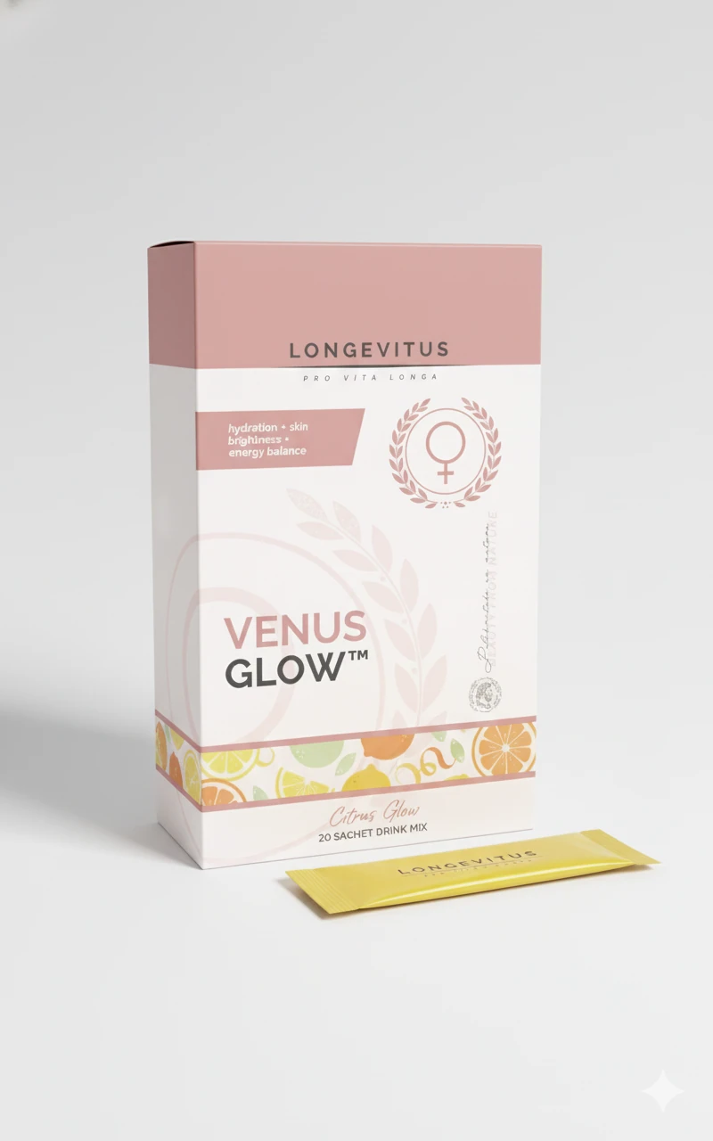 Front-pack Venus Glow drink-mix concept with a box and citrus-coloured sachet