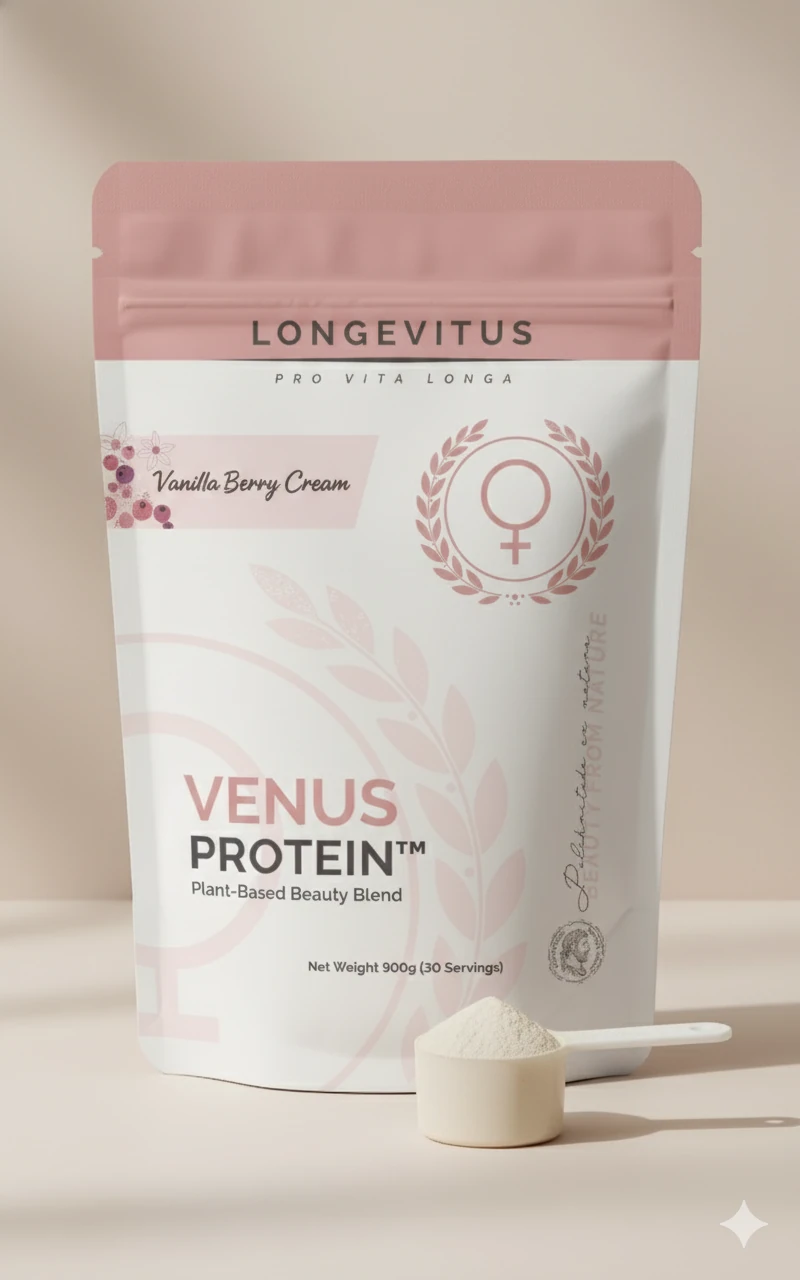 Front-pack Venus Protein pouch concept with a scoop