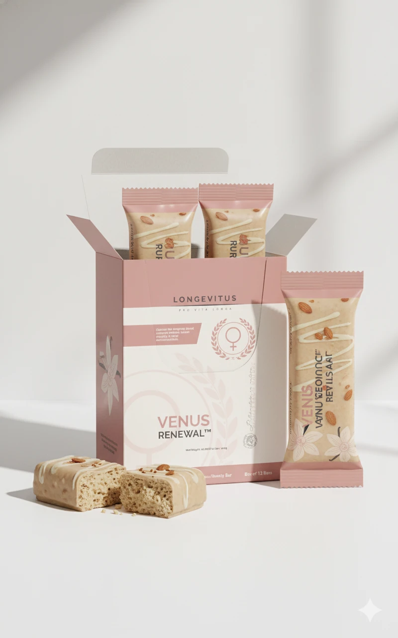 Front-pack Venus Radiance bar box concept with wrapped bars and a vanilla-almond bar