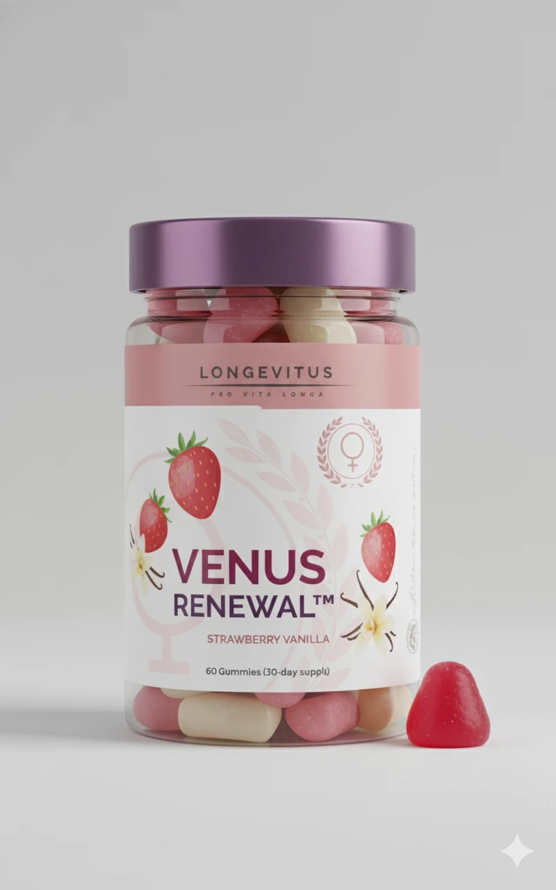 Front-pack Venus Renewal gummy jar concept with strawberry accents