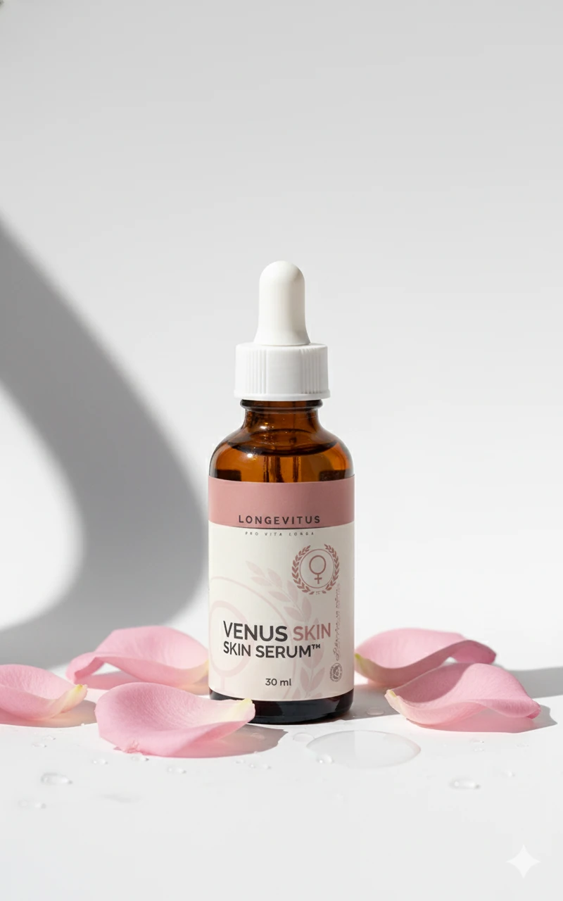 Venus Skin Serum dropper-bottle concept arranged with pink petals