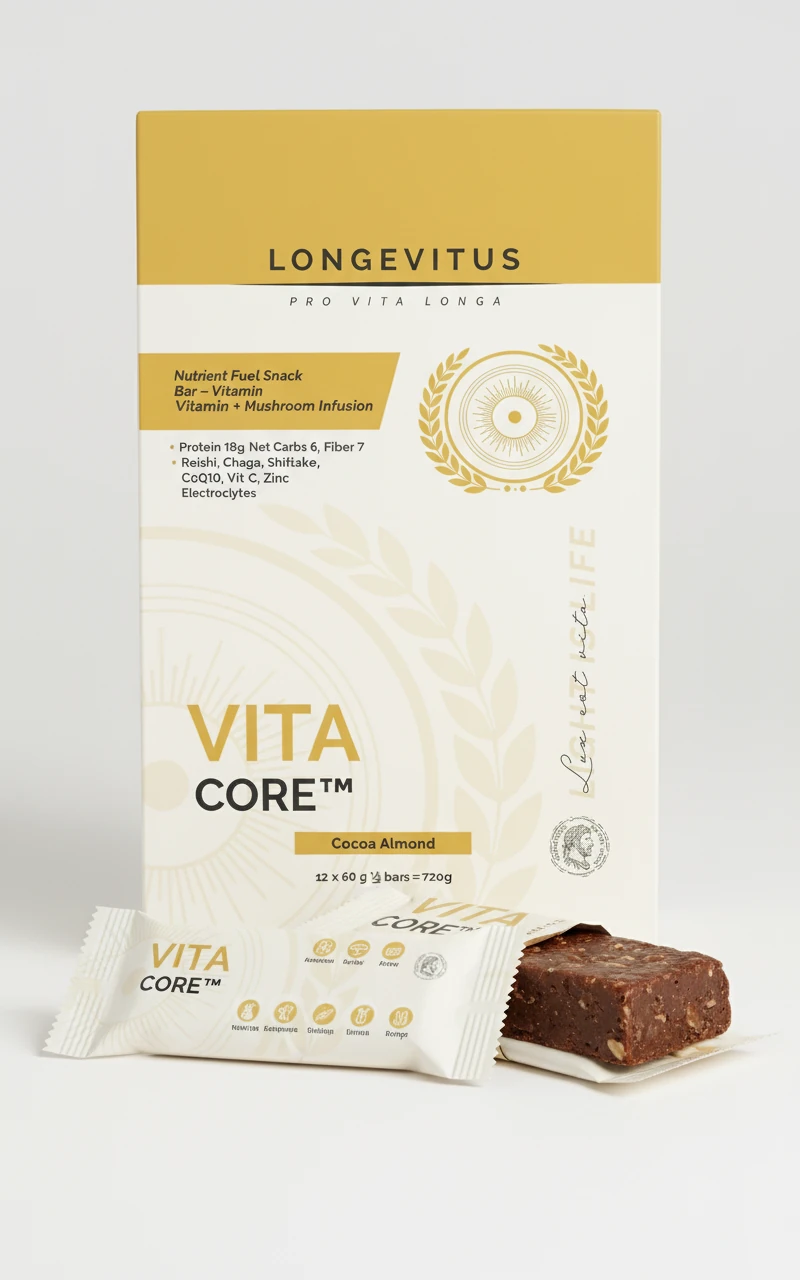 Vita Core Cocoa Almond bar packaging concept with an open wrapper and a matching box.