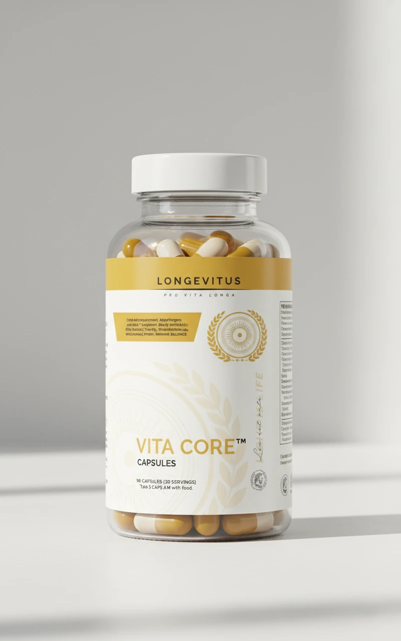 Vita Core capsule bottle packaging concept with an ivory label, golden sun and white cap.